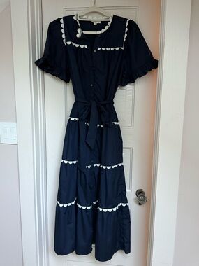 entro Navy Maxi Dress with White Scallop Trim